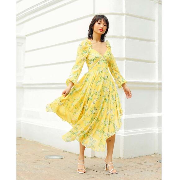 Sau Lee Georgia Long Sleeve V-Neck Floral Asymmetrical Hem Midi Dress Yellow-2 - Picture 4 of 9